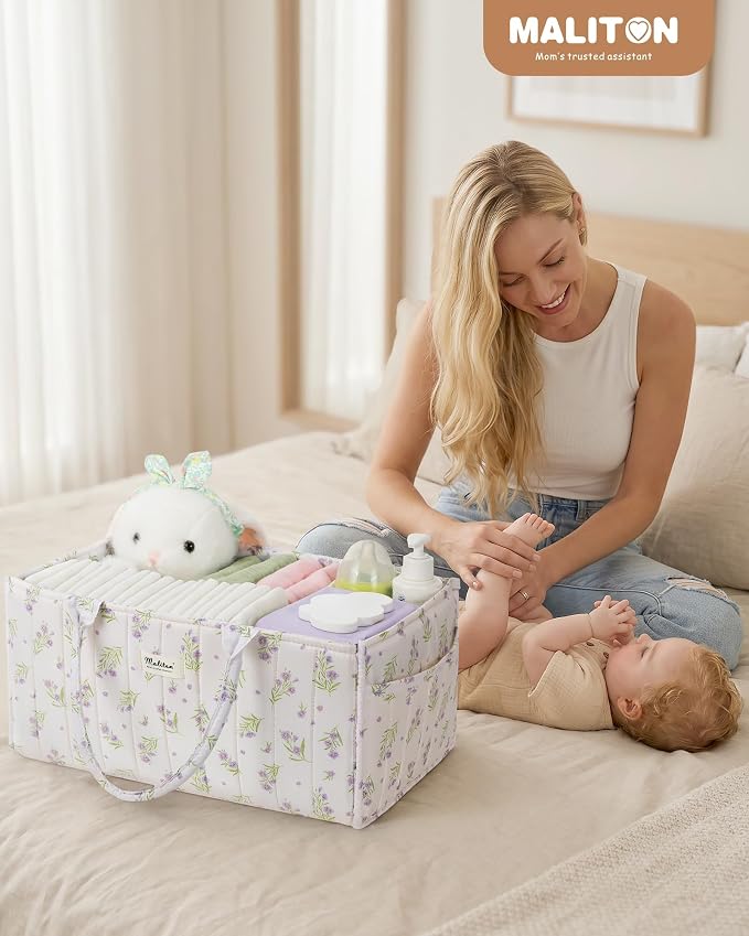 Maliton Diaper Caddy Organizer with 2 Side Pockets, Portable, Purple Floral | with Handle and Removable Dividers, Nursery Storage Basket, Car Organizer for Diapers & Wipes. Boy & Girl Shower Gift - Image 2