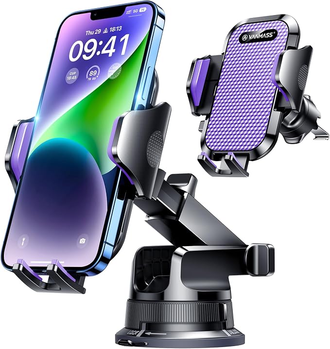VANMASS [True Military-Grade] Car Phone Holder [Upgraded Suction & Clip] Cell Phone Mount for Dashboard Windshield Vent Truck Cradle Dash Stand for iPhone 16 Pro Max 15 14 13 12 Android, Purple by VANMASS