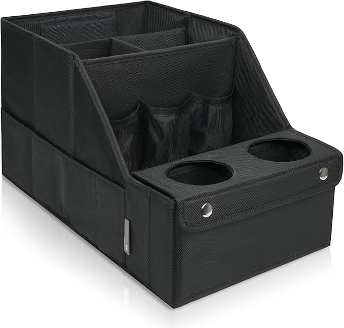 MULISOFT Car Backseat Organizer with 11 Compartments & 2 Cup Holders, Black | Made from durable Oxford fabric with a waterproof surface, anti-slip buckles, and a foldable design for easy storage. by MULISOFT