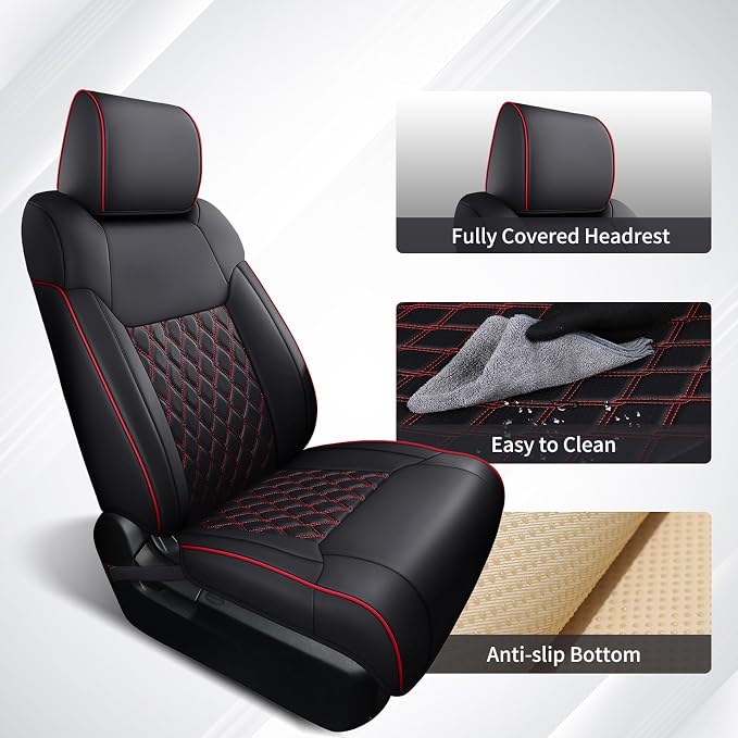 Huidasource Tacoma Seat Covers Front&Rear, Full Coverage Waterproof Car Seat Cover Fit for 2005-2015 Double & Crew Cab 2nd Gen Toyota Tacoma Base Prerunner SR5 Limited TRD Sport(Full Set/Black&Red) - Image 5