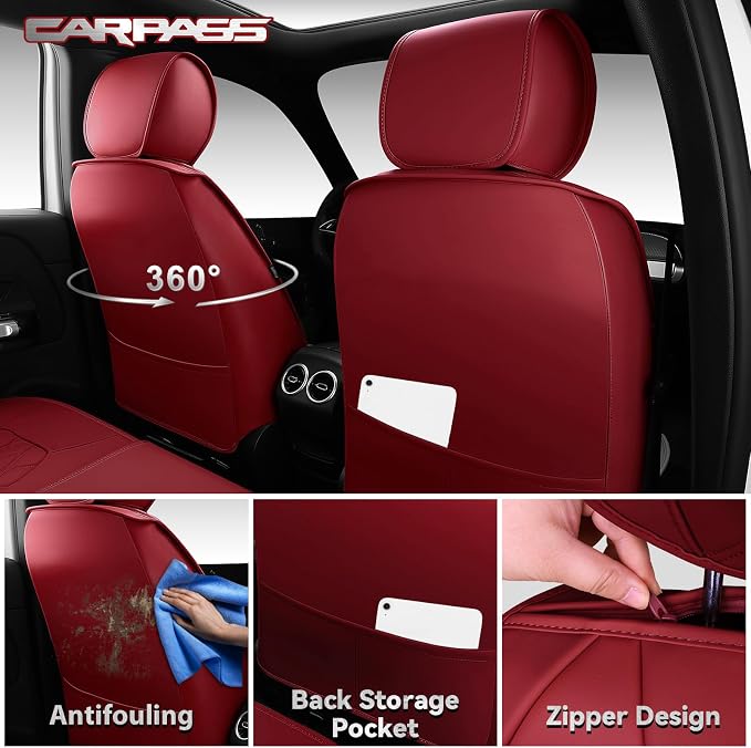 CAR PASS Burgundy Red Luxury Nappa Leather Seat Covers Front, 2 piece | 3D Rhombus Waterproof Leather Front Seat Covers, Universal Automotive Seat Cushion Fit for Sedan SUV Truck, Airbag Compatible - Image 2