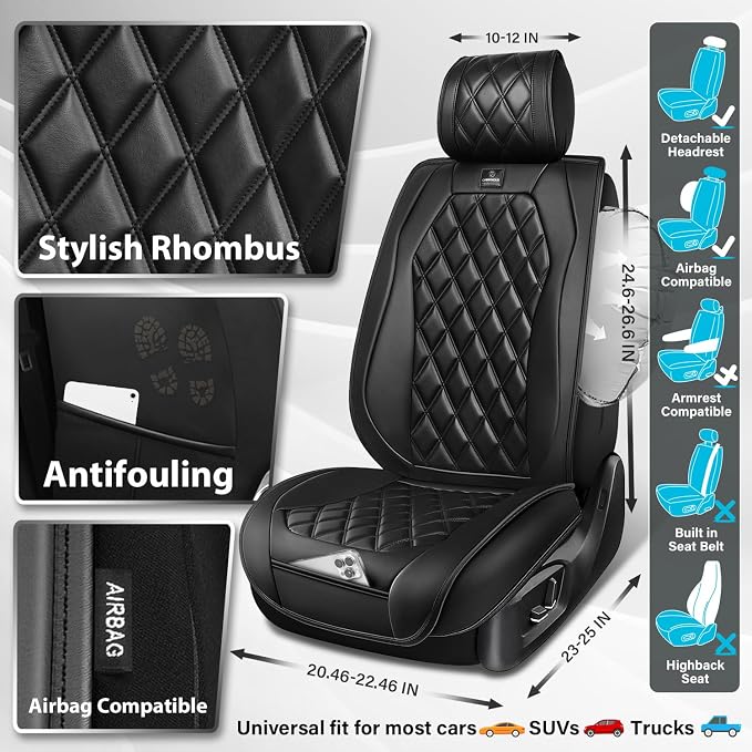 CAR PASS Luxury Nappa Leather Car Seat Covers Front Seats Only, Waterproof Faux Leather Front Seat Covers, Universal Automotive Seat Cushion Fit for Sedan SUV Truck Van, Airbag Compatible Rhomb Black - Image 3