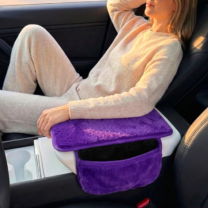 Plush Fuzzy Fur Car Armrest Cover with Side Pockets,Purple | Fluffy Armrest Cushion Pad,Soft Center Console Cover,Car Interior Storage Accessories ,for Most Car Decoration Protector - Image 2