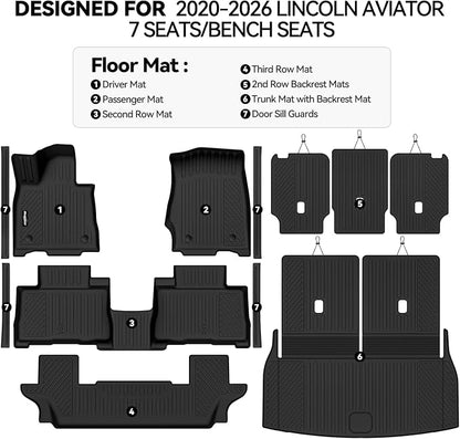 Floor Mats for 2020-2026 Lincoln Aviator 7 Seats/Bench Seats | Trunk Mat and 2nd/3rd Backrest Mat & Door Sill Guard All Weather TPE Protector Odorless Interior Accessories Floor Liners - Image 2