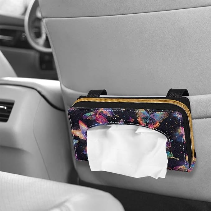 Biyejit Car Tissue Holder, Colorful Butterfly PU Leather Sun Visor Napkin Box Holder, Hanging Tissue Mask Holder with Glasses Clip for Car Visor, Auto, Vehicle Accessories - Image 4