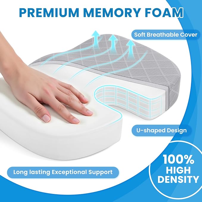 Memory Foam Office Chair Seat Cushion - Light Grey, Large | for Car Seat, Airplane, Desk Chair - Sciatica & Hip & Coccyx Pain Relief Cushion for Long Sitting Office Workers, Car Drivers - Image 3