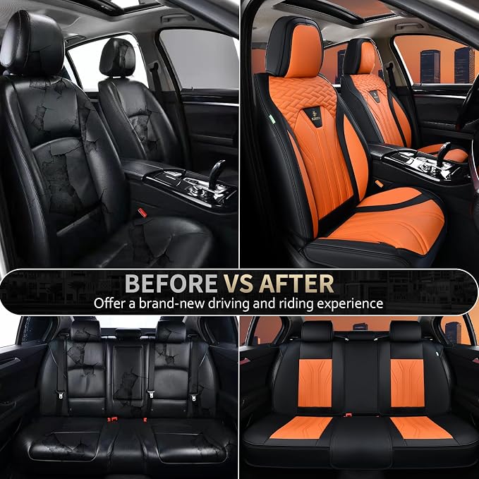 Leather Seat Covers, Car Seat Covers Full Set, Car Seat Protectors 5 Seats, Automotive Seat Covers Driver Seat Covers Fit for Most Cars Trucks SUV-Black&Orange - Image 9