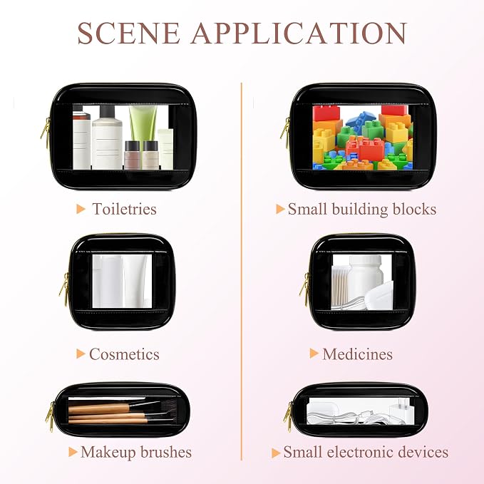 3-Piece Travel Clear Makeup Bag Set, Small Cosmetic Bag with Makeup Brush Case, Leather Waterproof TSA Approved Toiletry Bag with Zipper, Car Organization for Women (Black-2, Mini+Slim+Medium) - Image 4