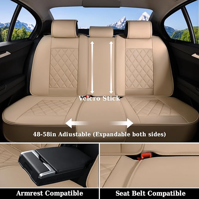 Coverado Car Seat Covers Full Set, 5 Seat Universal Seat Cover for Cars, Luxury Faux Leather Waterproof Seat Covers, Front and Back Car Seat Protector, Auto Seat Covers Fit for Most Vehicles, Beige - Image 2