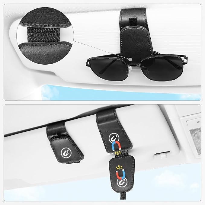SINGARO 1 Pack Sunglass Holder for Car Visor Sunglasses Holder Clip, Universal Non-Slip Magnetic Leather Glasses Eyeglasses Hanger Mounter, Truck Interior Car Visor Accessories for Woman Man, Black - Image 4