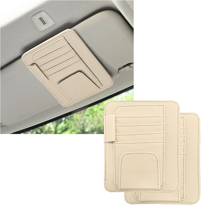 Dickno 2PCS Small Leather Car Sun Visor Organizer, Multifunctional Auto Visor Document Holder with Sunglasses Clip, Universal Car Interior Organizer for Drving License, Card, Pen (Beige) by Dickno