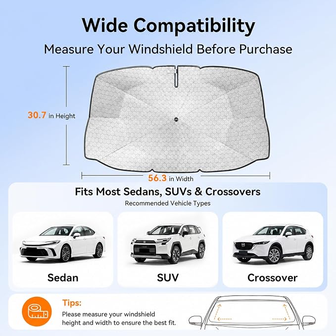 Windshield Sun Shade Umbrella, 56.3 x 30.7 in, Foldable, Graphene | Graphene-Coated UV Heat Blocker, for Cars SUVs Trucks and Vans, Storage Pouch Included, Flexible Interior-Safe Frame - Image 3