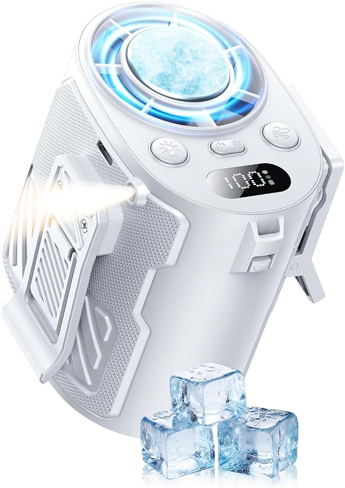 Portable Waist Fan with Ice Cooling, 4-in-1 Clip-On Fan for Car/Shirt/Belt, 16000RPM Strong Airflow, 12H Runtime, 100 Speed Settings, Wearable Fan for Outdoor Work Camping Travel White by CoolAirAnywhereYouGo