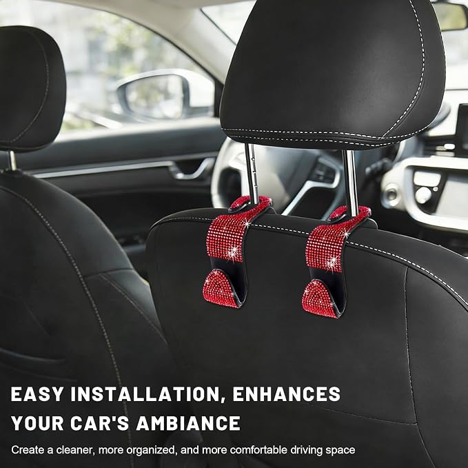 4 PCS Bling Car Seat Headrest Hooks, Sparkly Crystal Rhinestone Auto Back Seat Hanger Backpack Storage Hanger, Universal Diamond Handbag Hanging Holder for Car RV SUV Truck (Red) - Image 6