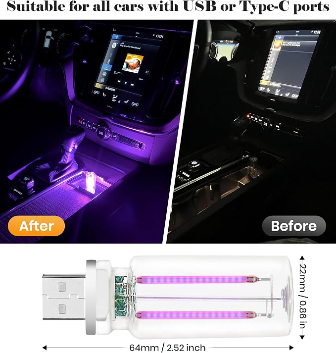 KENANEK 2PCS USB Retro Car Lamp, Touch-Control Portable LED Car Ambient Light, USB Powered Night Lights, Suitable for Bedroom, Camping, Holiday Decorations. (Purple Light) - Image 2