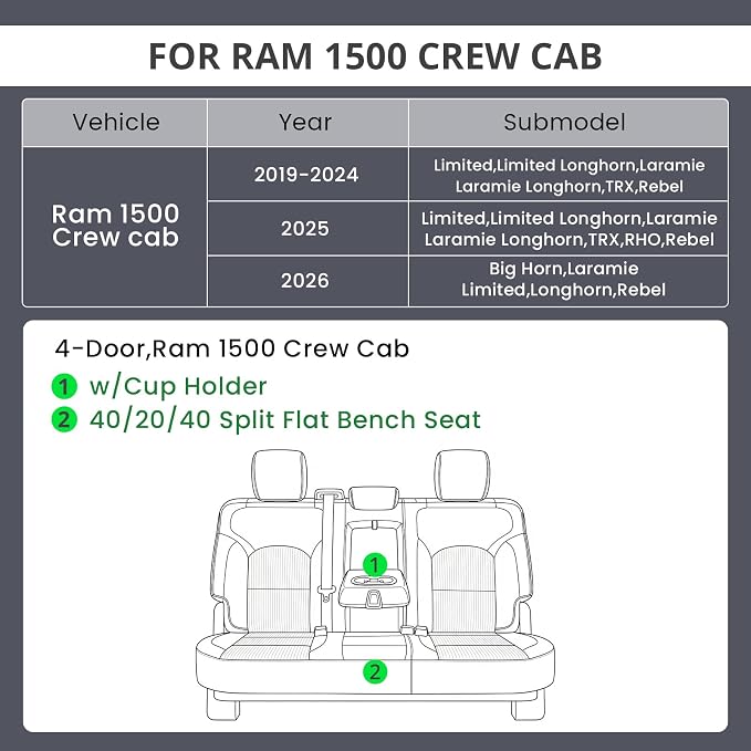 EKR Ram 1500 Seat Covers Custom Fit for (Crew Cab) RAM 1500 Laramie/Limited/Longhorn/Rebel 2019-2026 &Big Horn 2026,Waterproof Car Seat Cover for Trucks Full Set-Faux Leather(Black with Blue Piping) - Image 2