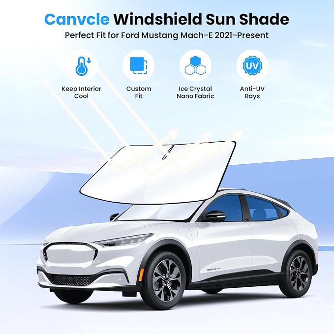 Canvcle Windshield Sun Shade for 2021-2025 2026 Ford Mustang Mach-E Accessories Upgraded Double-Layer Front Window Sunshade Cover Sun Visor Protector Foldable Block UV Rays Keep Vehicle Cool - Image 2