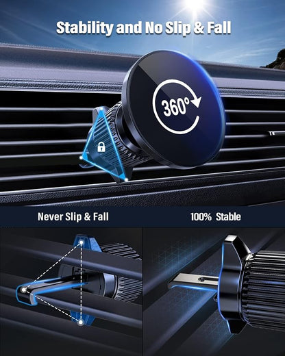 2 Magnetic Car Charger Mount 15W for iPhone 17-12 with 2 MagSafe Stickers | N52 Strong Magnets, 360° Rotation, Vent Mount, Compatible with Magnetic Cases, Gift for Men, Black - Image 2