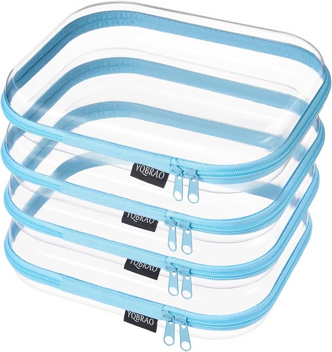 YQBRAO Clear Hard Shell Zipper Cases, 4 Medium Makeup Organizers, Blue | Rigid 1.2 mm PET and YKK dual zippers for skincare, toiletries, chargers, notebooks and daily essentials by Unknown