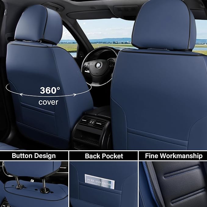 Coverado Car Seat Covers Full Set, Seat Covers for Cars, Waterproof, Leather Car Seat Cushion, Universal Car Interior Covers Seat Protectors for Most Cars Blue - Image 3