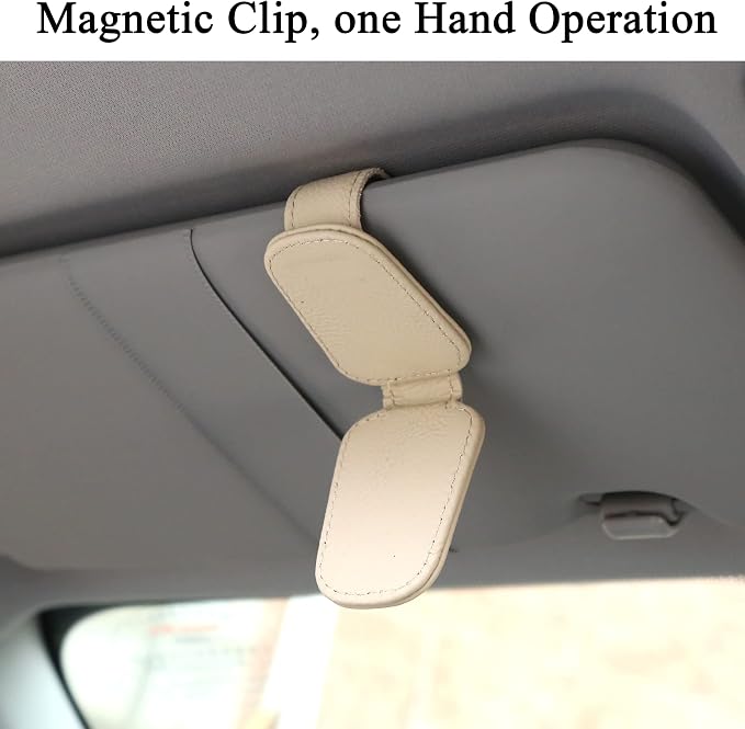 KIWEN 2 Packs Sunglasses Holders for Car Visor, Magnetic Leather Glasses Eyeglass Clip for Car, Ticket Card Clip Sunglasses Mount, Car Visor Accessories Gadgets (2, Beige) - Image 5