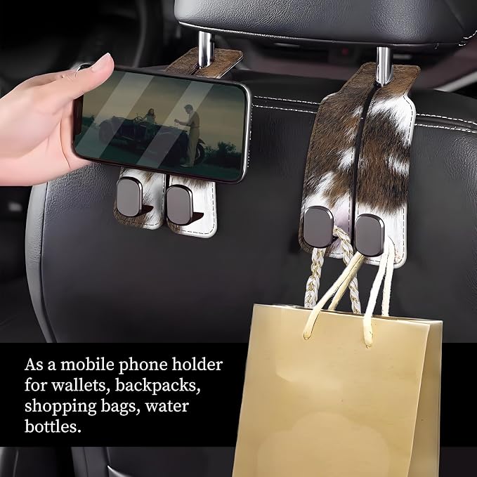 Car Seat Headrest Hook, Universal Leather Cute Hanger Holder Hook, Storage Organizer Interior Accessories for Purse Bags Handbag Brown White Cowhide - Image 2