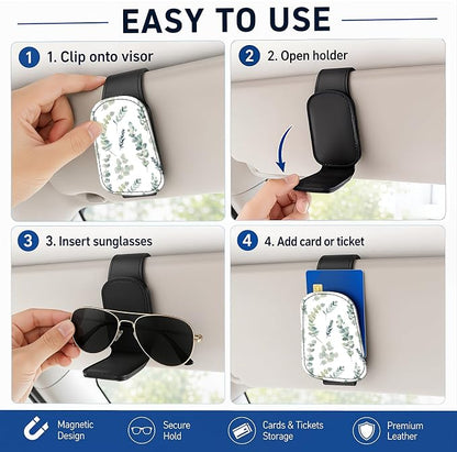 Leather Magnetic Sunglass Holder for Car Sun Visor, Cute Eyeglass Ticket Card Hanger Clip, Universal Auto Interior Accessories for SUV Pickup Truck, Leaf Pattern - Image 5