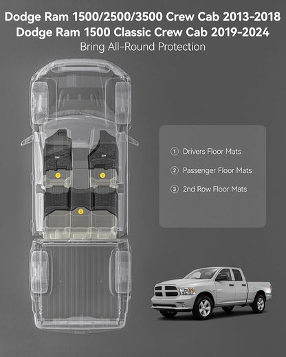 3W Floor Mats for 2013-2018 Dodge Ram 1500/2500/3500 Crew Cab | & 2019-2024 Dodge Ram 1500 Classic Crew Cab All Weather TPE Custome Fit Accessories Floor Liner for 1500 Full Set Car Mats - Image 2
