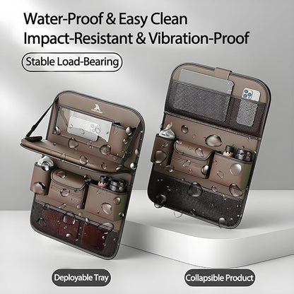 2 Pack Universal Foldable Car Backseat Organizer with Table Tray, Car Seat Back Protector with Touch Screen Phone Holder, Premium Leather Kick Mats with Storage Pockets Tissue Holder (Brown) - Image 6