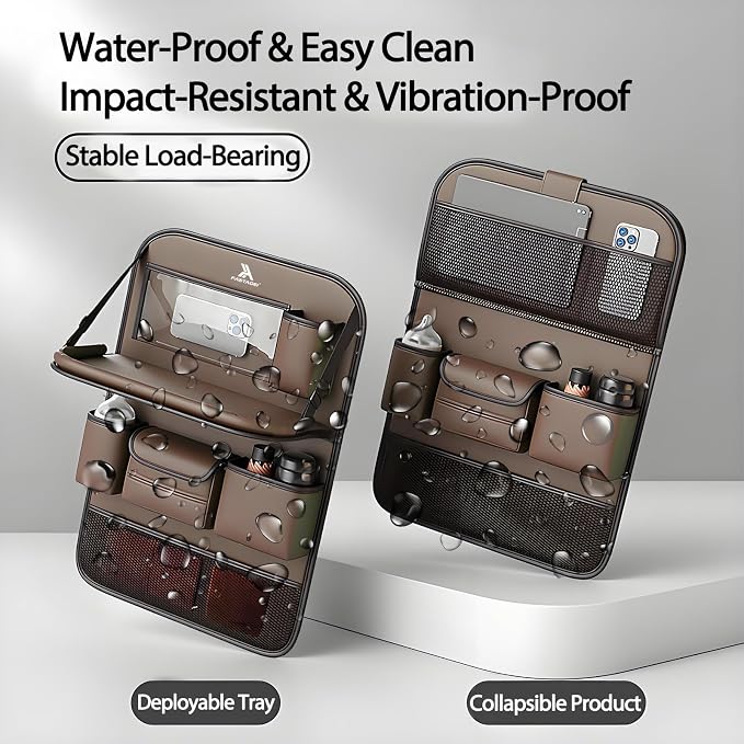 Universal Foldable Car Backseat Organizer with Table Tray, Car Seat Back Protector with Touch Screen Phone Holder, Premium Leather Kick Mats with Storage Pockets Tissue Holder (Brown) - Image 6