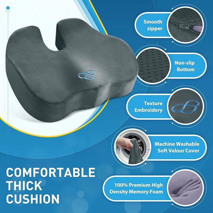 BlissTrends Memory Foam Seat Cushion for Office Chair & Car Seat, DarkGreen | Ergonomic Tailbone & Sciatica Support with Removable Velvet Cover for Pressure Relief and Long Sitting Comfort, 3.3" Thick - Image 4
