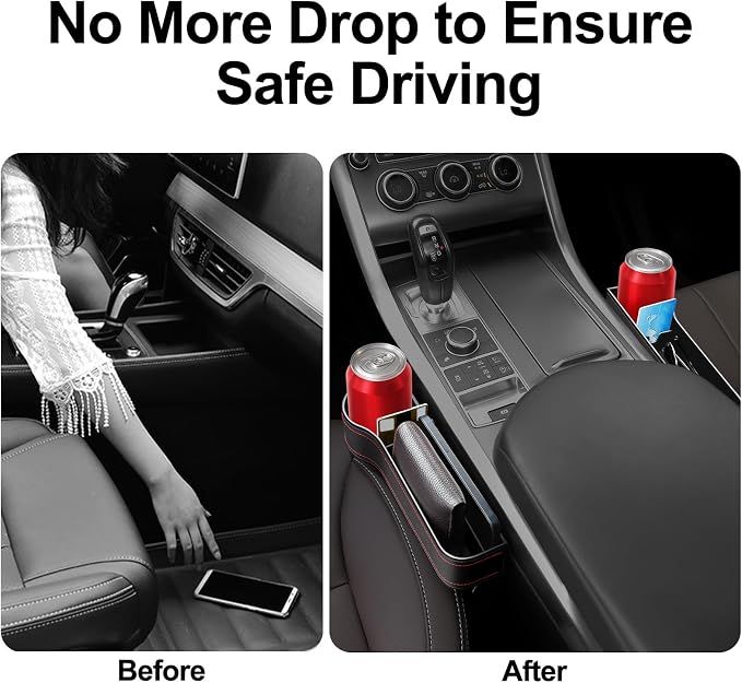 Car Seat Gap Filler Organizer, 2 Pack Car Console Organizer with Cup Holder | Premium Leather, Anti-Drop, Car Organizer Front Seat with 2 Seat Hooks, Auto Console Side Storage Box For Drink, Phones, Keys - Image 5