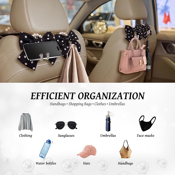 2 PCS Bow Pearl Car Seat Headrest Hook – Cute Purse Hook for Car, Girly Interior Decoration Accessories Hook Hanger, Seatback Holder for Purses & Bags, Elegant Car Organizer (Black Polka Dot) - Image 4