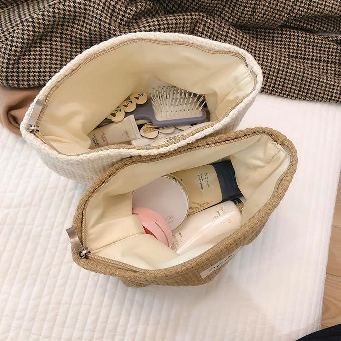 RSRSLEII Woven Travel Makeup Bag, Cute Travel Toiletry Bag(07White Weaving | Aesthetic Portable Cosmetic Bag with Canvas Lining, Coquette Makeup Pouch, Skincare Bag Car Storage Bag for Women and Girls - Image 6
