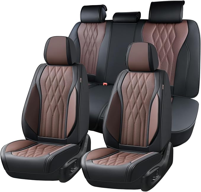 Coverado Seat Covers FullSet, 5 Seats Car Seat Protector, Waterproof Nappa Leather Cushion, Front & Rear Fit for Most Sedans SUV Pick-up Truck-Black&Coffee by COVERADOAUTO