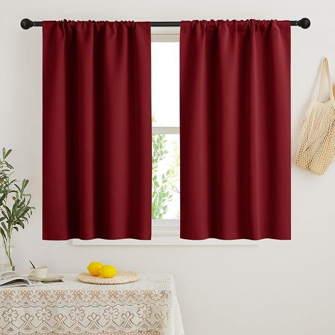 RYB HOME Short Blackout Curtains for Bedroom, Room Darkening Insulated | Rod Pocket, Summer Heat Light UV Blocking, Energy Saving, Drapes for Nursery, W34 x L45, Burgundy Red, 2 Panels by RYBHOME