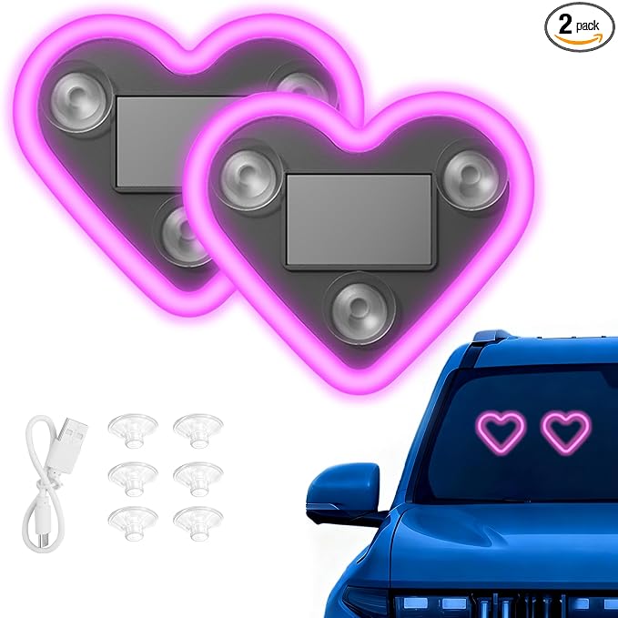 2PCS Solar-Powered Car Heart Lights, 5-Mode Wireless LED Ambient Light with Auto-On via Vibration Sensor, Romantic Car Interior Gift for Couples (Pink) by VANKUB
