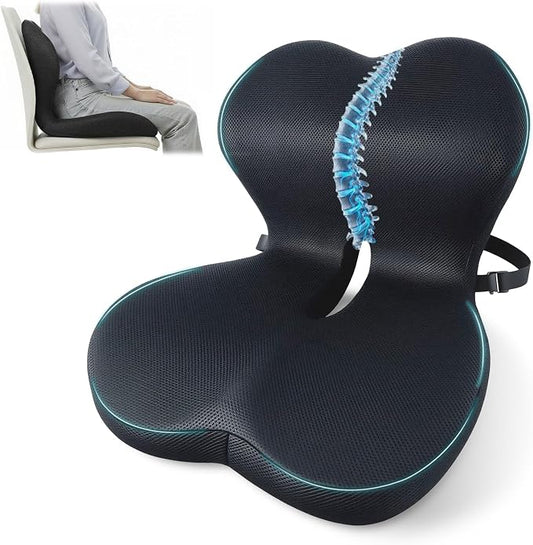 Memory Foam Seat Cushion,Office Chair Cushion with Lumbar Support for Back Pressure Relief, Car Seat Cushion with Adjustable Strap,Sciatica Pad Cushions for Car,Truck, Desk,Gaming Chair by XZdream