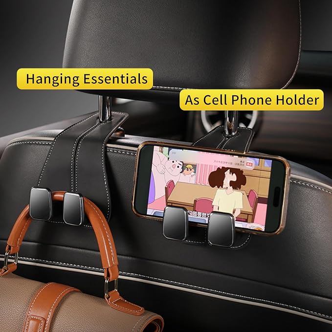 WEIHAO Wide Purse Hook for Car, Twin Hook Leather Car Headrest Hangers, Car Seat Back Storage Hook, Headrest Hooks Purse Bag Holder for Car Universal Fit Sedan Trucks SUVs Most Vehicles (Black-4PCS) - Image 2