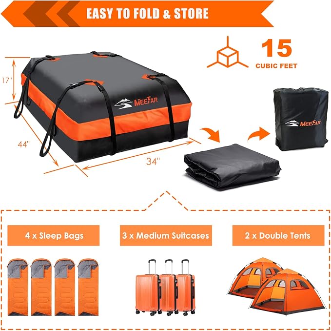 Car Roof Bag Rooftop Cargo Carrier Bag Waterproof 15 Cubic Feet roof Cargo | Soft Shell Luggage rack bag for All Vehicle with/Without Rack,Includes Anti-Slip Mat,8 Reinforced Straps,6 Door Hooks,Lock - Image 6