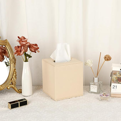 Sumnacon Tissue Box Cover Square,Magnetic Bottom PU Tissue Box Holder,Beige | Stylish Cube Leather Tissue Cover,Lychee Pattern, Decorative Tissue Box Covers for Living Room Bathroom Table Desk Office Car - Image 5