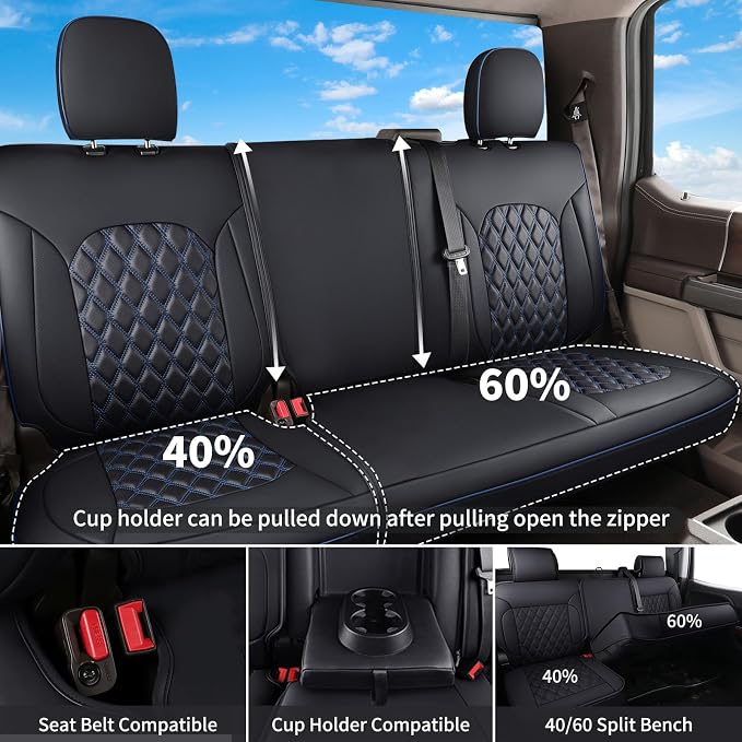 Huidasource Seat Covers for Chevy Silverado/GMC Sierra, Chevy Silverado 1500 Seat Covers, 1500 2007-2013&2019-2026, 2500HD 3500HD 2020-2026 Crew Double Extended Cab, Thickened Nappa Leather Black&Blue - Image 3