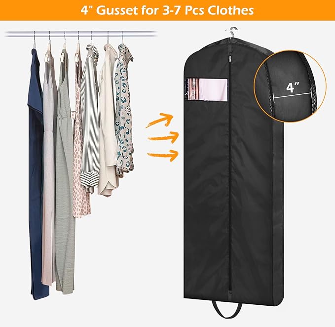 MISSLO 65" Gusseted Hanging Garment Bags for Travel Long Dress Cover Water Resistant Sturdy Fabric Dress Bags for Gowns Long Closet Clothes Protectors, Black - Image 5