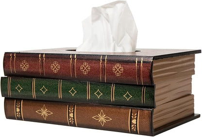 Crafted Classical Retro Wooden Antique Book Tissue Box Cover Tissue Holder Dispenser Paper Cover Case Napkin Holder Home Decor for Bathroom Living Room Office car Kitchen (red Rectangle) - Image 2