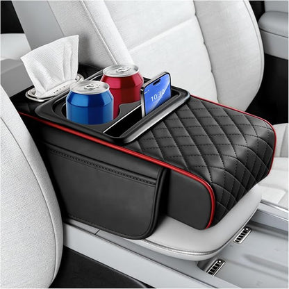 5-in-1 Car Center Console Cover,Leather Car Armrest Cover with Cars Tissue Holders/Cup Holder/Phone Holder/Storage Pocket,Thickened Cars Armrest Storage Box (Black/Red Stitching) by Unknown