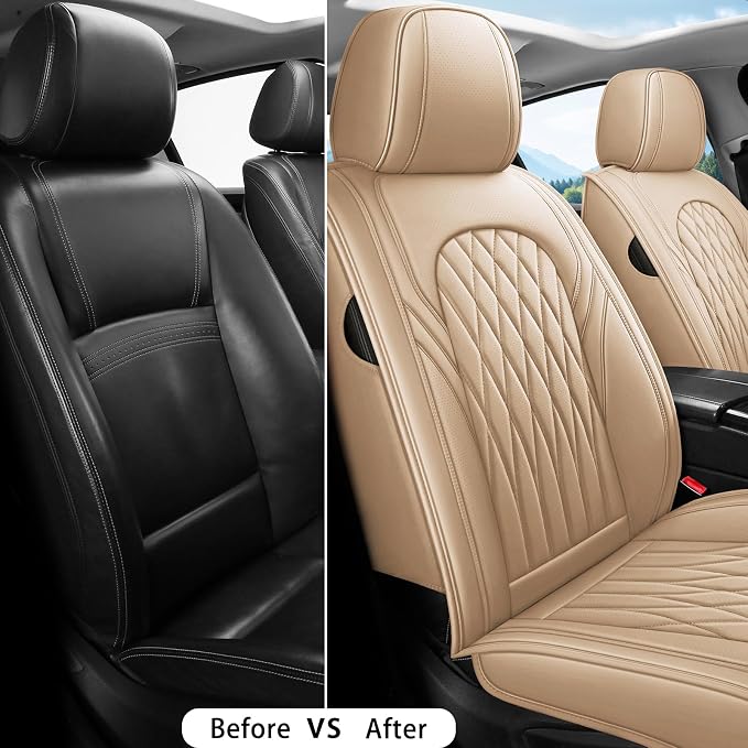 WELLDO Nappa Faux Leather Car Seat Covers Full Set, Beige | Waterproof, Non-Slip Seat Protector, 0.28in Thickened Cushion, Airbag Compatible, Universal for Cars SUV Truck Pickup - Image 4