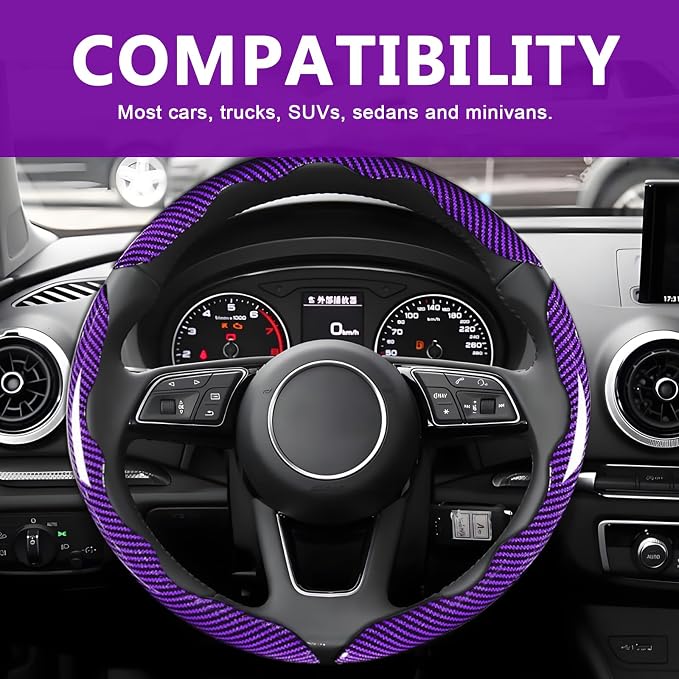 3pcs Universal Carbon Fiber Steering Wheel Cover - Anti-Slip & Segmented Design, Universal 99% Durable Steering Wheel Protector for Men and Women, Car Interior Accessory (Purple) - Image 7