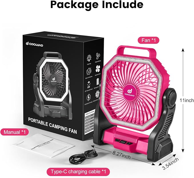 Odoland Portable Rechargeable Fan, 20000mAh Camping Fan with LED Lantern | 4-Speed Airflow & 3-Color Light Oscillating Fan with Hanging Hook for Tent Car Beach Hurricane Power Outage, Pink - Image 6