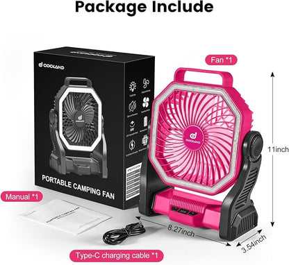 Odoland Portable Rechargeable Fan, 20000mAh Camping Fan with LED Lantern | 4-Speed Airflow & 3-Color Light Oscillating Fan with Hanging Hook for Tent Car Beach Hurricane Power Outage, Pink - Image 6
