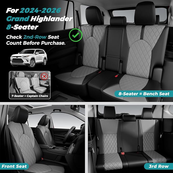 Custom Seat Covers for Toyota Grand Highlander 2024-2026 8 Seats | black grey, faux leather, 2nd row 40/60 split bench, waterproof, breathable, airbag compatible, stain resistant - Image 4